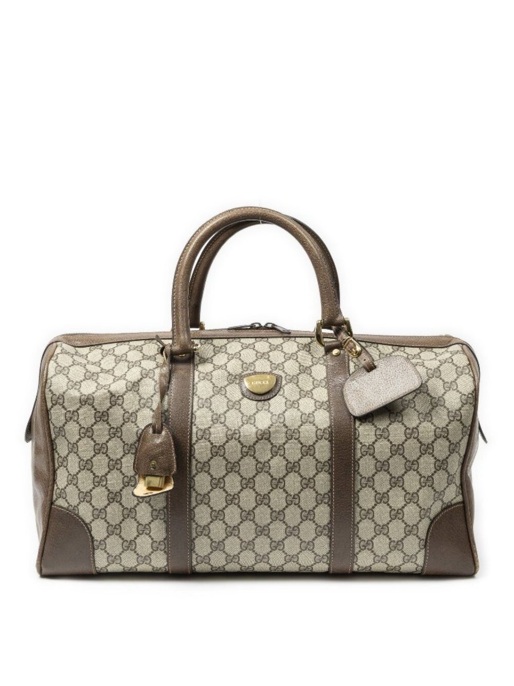 Gucci Vintage Large Travel Boston Brown Beige Supreme Canvas Handbag